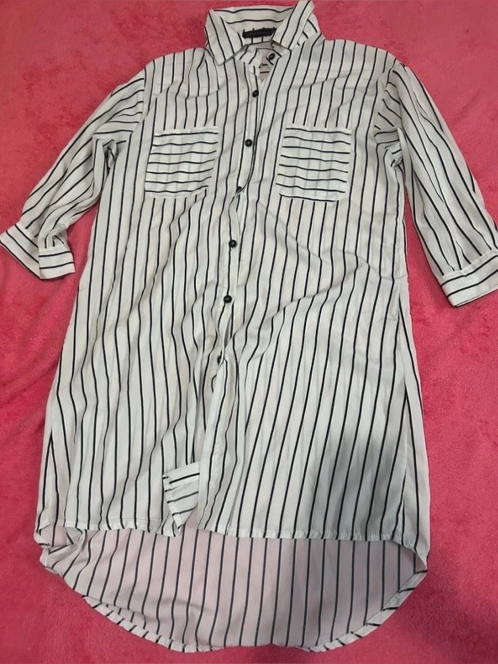 Zanzea White Midi Shirt Dress with Black Vertical Stripes